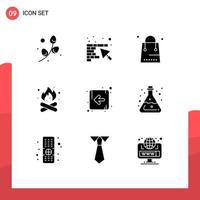 Set of 9 Modern UI Icons Symbols Signs for nature fire celebration camping shopping Editable Vector Design Elements