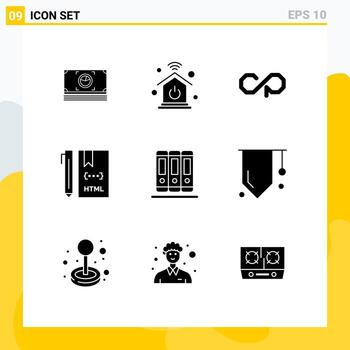 9 signos de glifos sólidos universales símbolos de educación desarrollo de monedas html codificación elementos de diseño vectorial editables vector