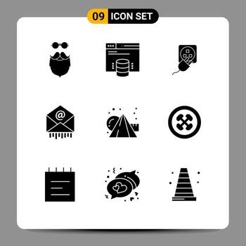 Set of 9 Vector Solid Glyphs on Grid for business mail web e cord Editable Vector Design Elements