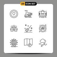 Mobile Interface Outline Set of 9 Pictograms of broom team shopping protection group Editable Vector Design Elements