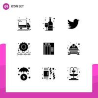 Pictogram Set of 9 Simple Solid Glyphs of hard construction social building swimming Editable Vector Design Elements