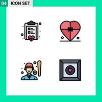 Pack of 4 Modern Filledline Flat Colors Signs and Symbols for Web Print Media such as board baseball love heart female Editable Vector Design Elements
