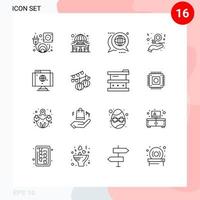 Pack of 16 Modern Outlines Signs and Symbols for Web Print Media such as computer love discussion hand charity Editable Vector Design Elements