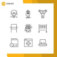 Mobile Interface Outline Set of 9 Pictograms of encryption home thinking furniture weight Editable Vector Design Elements