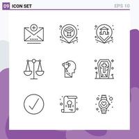 paquete de iconos vectoriales de stock de 9 signos y símbolos de línea para la cabeza brian pin mente justicia elementos de diseño vectorial editables vector