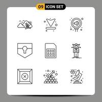 User Interface Pack of 9 Basic Outlines of shield protect download key relation Editable Vector Design Elements