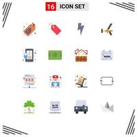 Pack of 16 Modern Flat Colors Signs and Symbols for Web Print Media such as lock tool power repair construction Editable Pack of Creative Vector Design Elements