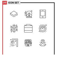 Mobile Interface Outline Set of 9 Pictograms of case network pot hierarchy tablet Editable Vector Design Elements