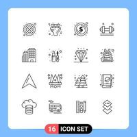 Pictogram Set of 16 Simple Outlines of builing weight lifter coin gym fitness Editable Vector Design Elements