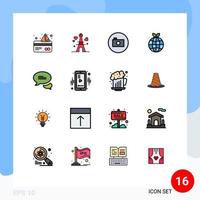 16 User Interface Flat Color Filled Line Pack of modern Signs and Symbols of texting chatting camera globe earth Editable Creative Vector Design Elements