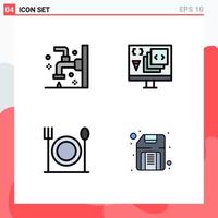 4 Universal Filledline Flat Colors Set for Web and Mobile Applications bath programming faucet coding food Editable Vector Design Elements