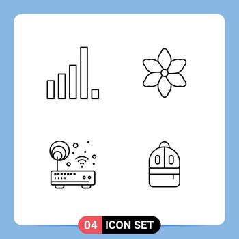 Modern Set of 4 Filledline Flat Colors Pictograph of connection router flower signal bag Editable Vector Design Elements