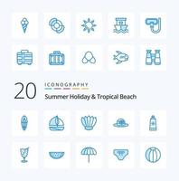 20 Beach Blue Color icon Pack like sunscreen beach fins cap beach vector