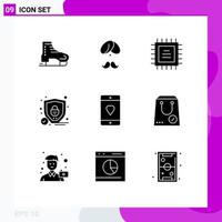 9 User Interface Solid Glyph Pack of modern Signs and Symbols of shield protection man cpu chip Editable Vector Design Elements