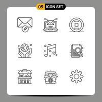 Stock Vector Icon Pack of 9 Line Signs and Symbols for music planet control human hand environment Editable Vector Design Elements