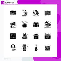 16 User Interface Solid Glyph Pack of modern Signs and Symbols of megaphone settings surfing gear coding Editable Vector Design Elements