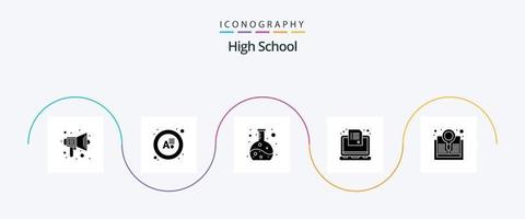 High School Glyph 5 Icon Pack Including explore. survey. chemistry. questionnaire. laptop vector