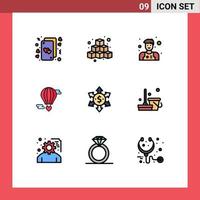 Modern Set of 9 Filledline Flat Colors Pictograph of valentine hot baloon game flying baloon waiter Editable Vector Design Elements