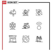 Universal Icon Symbols Group of 9 Modern Outlines of chat wheel finance park money Editable Vector Design Elements