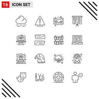 Pack of 16 Modern Outlines Signs and Symbols for Web Print Media such as dialogue dessert cassette cake baking Editable Vector Design Elements