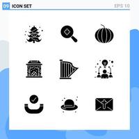 Group of 9 Modern Solid Glyphs Set for idea sound chimney music harp Editable Vector Design Elements