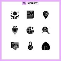 Universal Icon Symbols Group of 9 Modern Solid Glyphs of globe sweep star dustpan pin Editable Vector Design Elements