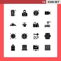 16 User Interface Solid Glyph Pack of modern Signs and Symbols of hill mountain help ui video Editable Vector Design Elements