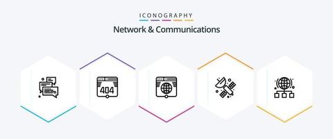 paquete de iconos de 25 líneas de red y comunicaciones que incluye globo. satélite. globo. artificial. sitio web vector