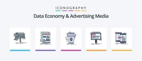 la economía de datos y la línea de medios publicitarios llenaron un paquete de 5 iconos, incluida la radio. transmisión. medios de comunicación. moverse. móvil. diseño de iconos creativos vector