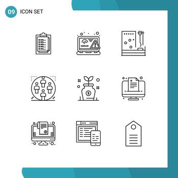 grupo de 9 esquemas modernos establecidos para elementos de diseño vectorial editables de sala de usuario de error de equipo de hombre vector