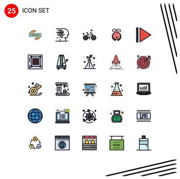 25 colores planos de línea rellena universales establecidos para aplicaciones web y móviles reproducir elementos de diseño de vector editables de resorte de error de interfaz de mariquita