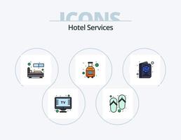 línea de servicios de hotel lleno de icono paquete 5 diseño de icono. humeante planchar. playa. televisión. pantalla vector