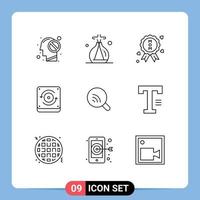 Mobile Interface Outline Set of 9 Pictograms of type wifi certificate research sound Editable Vector Design Elements