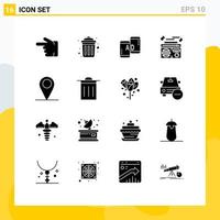 Set of 16 Vector Solid Glyphs on Grid for location audio advertising play radio Editable Vector Design Elements
