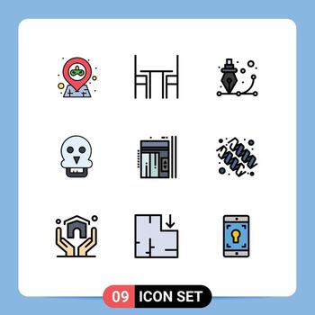 9 Universal Filledline Flat Colors Set for Web and Mobile Applications man skull of death table skull pen Editable Vector Design Elements