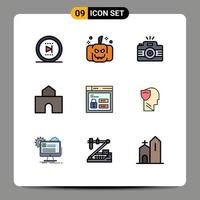 Group of 9 Filledline Flat Colors Signs and Symbols for browser landmark photography fortress architecture Editable Vector Design Elements