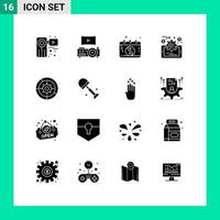 Modern Set of 16 Solid Glyphs and symbols such as setup gear calendar online evaluation analytics Editable Vector Design Elements