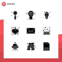 9 Thematic Vector Solid Glyphs and Editable Symbols of message xmas setting heart summer Editable Vector Design Elements