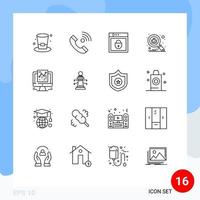 16 iconos creativos, signos y símbolos modernos de búsqueda analítica, exploración saliente, seguridad web, elementos de diseño vectorial editables vector