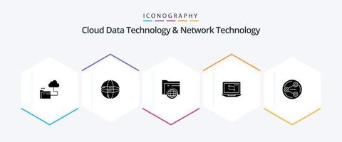 paquete de iconos de 25 glifos de tecnología de datos en la nube y tecnología de red, incluido el uso compartido. hardware. carpeta. ordenador portátil. computadora vector