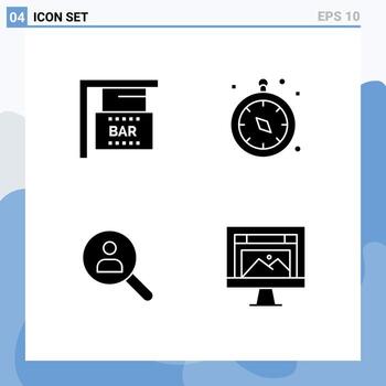 Group of 4 Solid Glyphs Signs and Symbols for bar sign networking compass travel search Editable Vector Design Elements