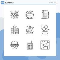 9 Thematic Vector Outlines and Editable Symbols of cake party city light building list Editable Vector Design Elements