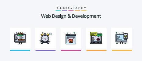 La línea de diseño y desarrollo web llenó el paquete de 5 iconos, incluida la búsqueda. motor. reparar. reparar. Temporizador. diseño de iconos creativos vector