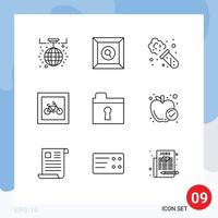 Modern Set of 9 Outlines Pictograph of private folder experiment vehicles parking Editable Vector Design Elements