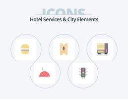 servicios de hotel y elementos de la ciudad paquete de iconos planos 5 diseño de iconos. interior. flecha. hamburguesa. hotel . boleto vector