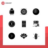 9 Thematic Vector Solid Glyphs and Editable Symbols of camera mobile ball application dollar Editable Vector Design Elements