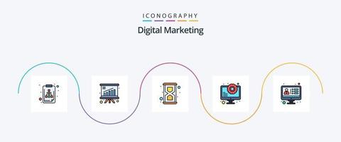 la línea de marketing digital llenó el paquete de iconos flat 5 que incluye crm. SEO vidrio. mejoramiento. Blog vector