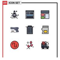 Set of 9 Modern UI Icons Symbols Signs for delete shooter collage pistol gun Editable Vector Design Elements