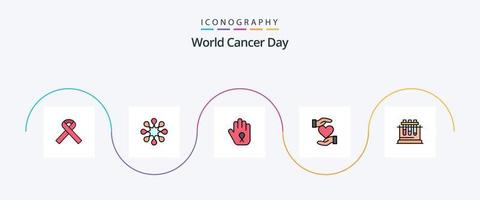 la línea del día mundial del cáncer llenó el paquete de iconos planos 5 que incluye el mundo. cinta. salud. mano. día vector