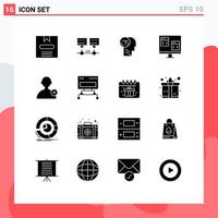 Group of 16 Modern Solid Glyphs Set for delete develop brain computer app Editable Vector Design Elements